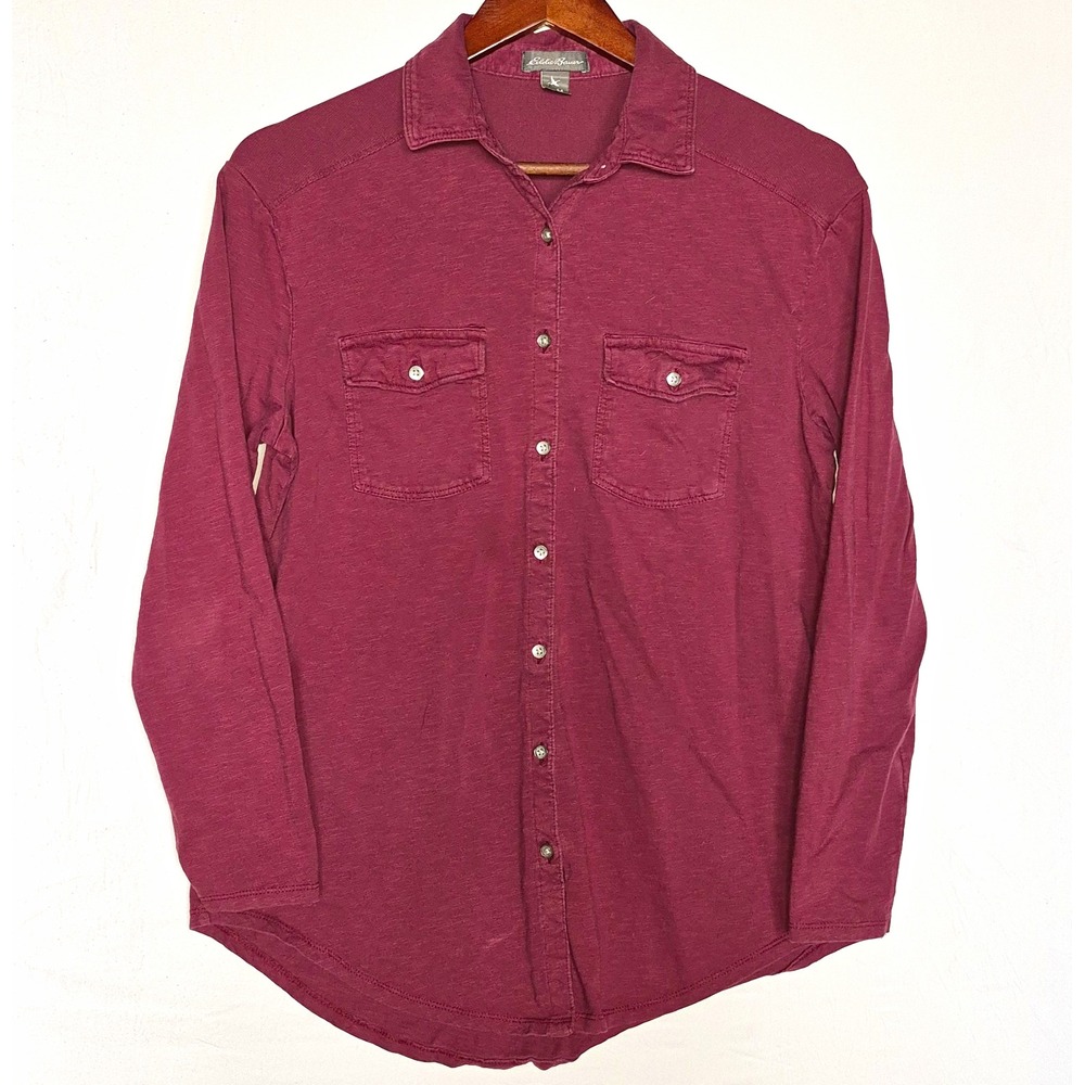 Eddie Bauer Burgundy Cotton Knit Button Front Collared Shirt Pockets Women's M